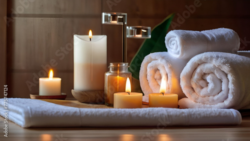 Roll up of towels flowers for massage spa treatment ,aroma ,healthy wellness relax calm and luxurious atmosphere associated with pampering and well-being healthy skin practice