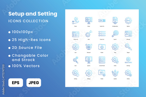 setup and setting, system setting, setting, icons collection, continue such as, Gear, Preferences, Configuration, Tools, Customize, Options, Settings, Control Panel,  vector illustration.