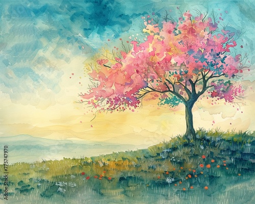 Softly serene whimsical tree, pastel bright watercolor, tranquil and dreamlike, soothing colors