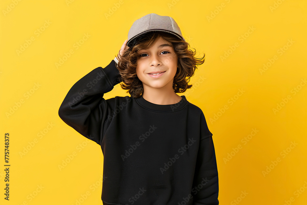 Cute boy in a black sweatshirt on a yellow background. Kids sweatshirt mockup. Cute boy in a black sweatshirt on a yellow background. Kids sweatshirt mockup.