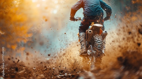Motocross, dirt debris flying from bike, offroad motorbike racing, rear view
