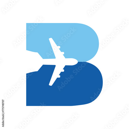 Logo travel. Letra inicial B con silueta de avión en espacio negativo para agencia de viajes