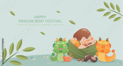 Chinese Dragon Boat Festival poster or greeting card, cute dragon mascot or character, traditional food rice dumplings, delicious fillings and sauces, vector illustration