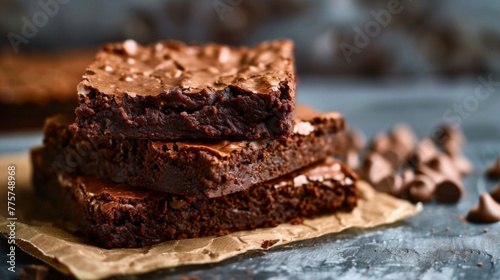 Stack of chocolate brownie slices baked with sweet gourmet indulgence in focus