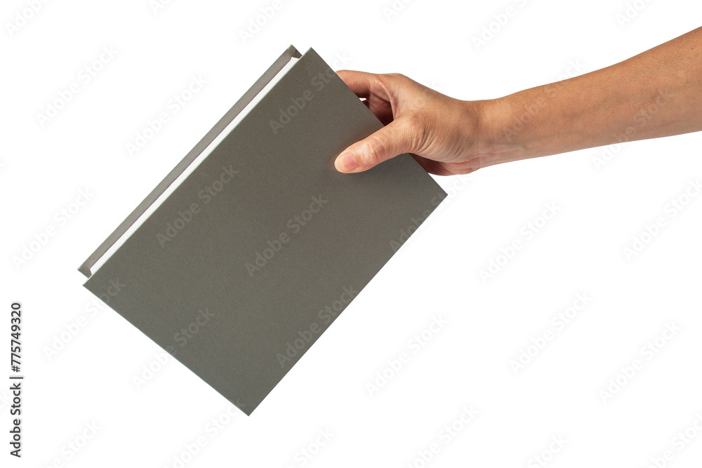 Blank grey book cover in hand on transparent background. Blank grey book cover in hand on transparent background.