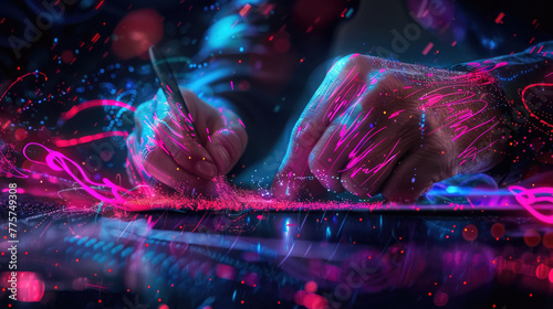 Hands interact with a glowing digital interface, surrounded by a swirl of neon colors