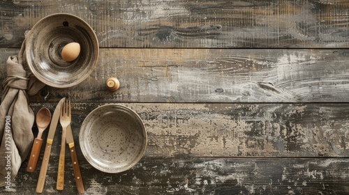 ceramic plates and wooden cutlery are delicately arranged on a weathered wooden background, evoking the cozy essence of a countryside kitchen.