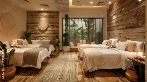 A room featuring four beds against a wooden wall, creating a cozy and functional sleeping area