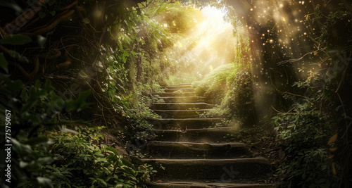 Set of stairs leads upwards towards a bright light at the end of a tunnel, creating a sense of progress and hope