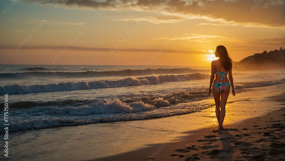 beautiful woman wearing a bikini is enjoying the beautiful sunset