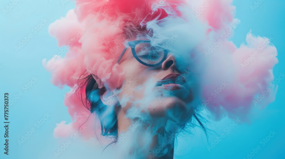 A woman wearing glasses engulfed in vibrant colored smoke, creating a striking and visually captivating scene