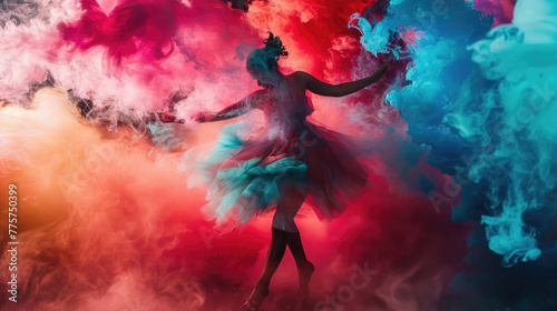 A woman stands confidently in front of a swirling, colorful cloud of smoke