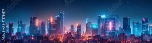Illustrate a futuristic cityscape with buildings adorned with stylish LED lighting and equipped with energy efficient appliances, conveying a message of sustainability and eco friendliness