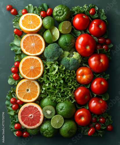 A colorful fruit and vegetable platter with oranges, tomatoes, broccoli and limes. The arrangement of fruits and vegetables creates a vibrant and healthy atmosphere. Balanced and vegan diet concept