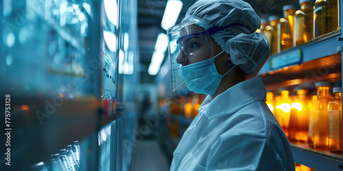 scientist in lab coat and protective gear carefully checking a row of flasks