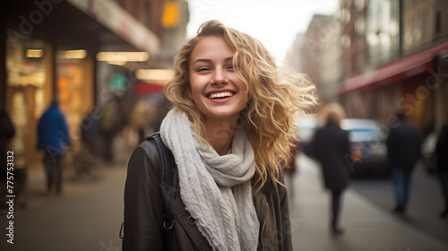 Beautiful young blonde woman, smiling on the city streets.