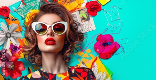 A stylish woman wearing white sunglasses poses in front of a colorful floral background exuding retro vibes with a charming smile, Fashion, Retro style, Floral background