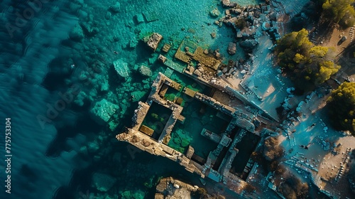 Aerial Drone View of the Ancient Sunken City of Epidaurus in Argolida, Greece. Greek Atlantis Underwater with Well-Preserved Ruins and Breakwater. Swimmers Explore the Old City in the Shallow Sea.