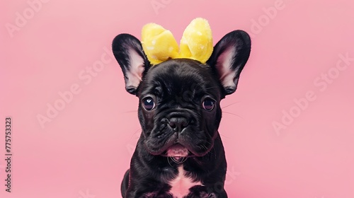 Black French Bulldog dog puppy with Easter ears on pink background © James