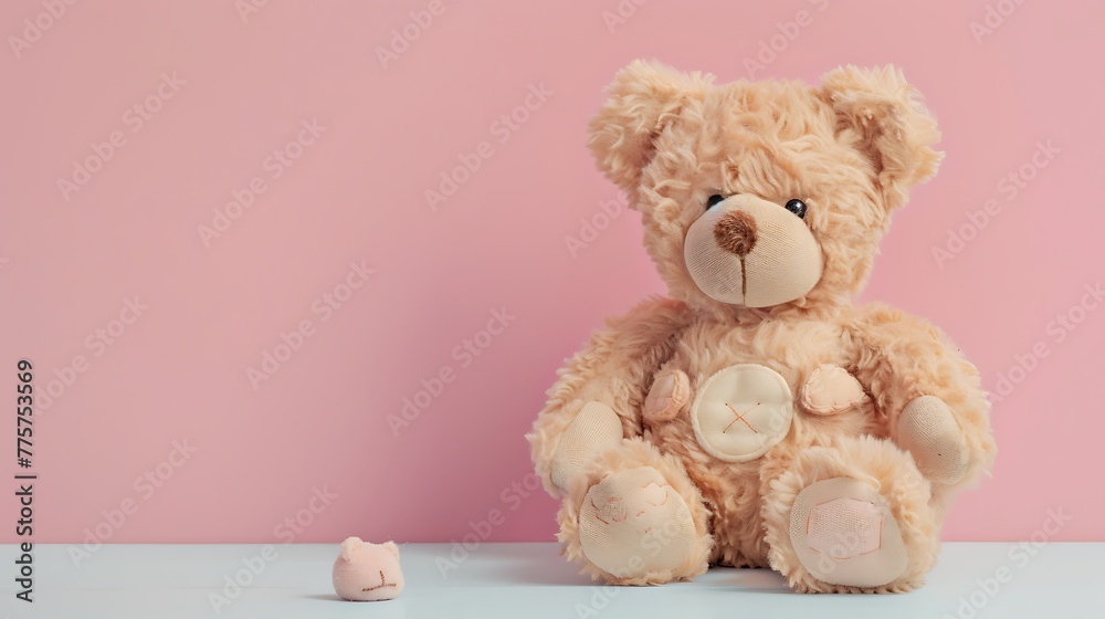 brown teddy bear with patches sits on a white table pink background brown teddy bear with patches sits on a white table pink background