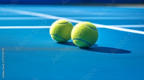 Close-up of two tennis ball on blue tennis court. Vivid colors. Sports photography. Perfect for athletic themes.