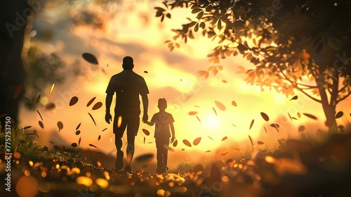 Artistic 3D rendering of a Fathers Day background, featuring silhouettes and leafy elements, creating a visually appealing and captivating scene.