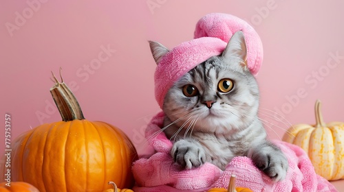 Cat wearing loofah spa Halloween costume and pumpkins with towel turban at the pink background photo