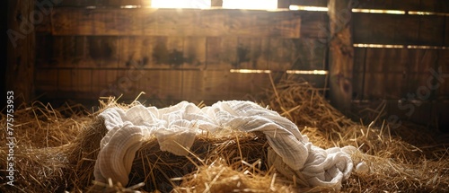 Stable with manger filled with hay and soft cloths on top photo