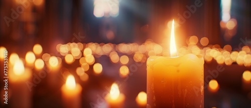 As many defocused candleflames create a spiritual atmosphere, a candle is lit in remembrance of loved ones photo