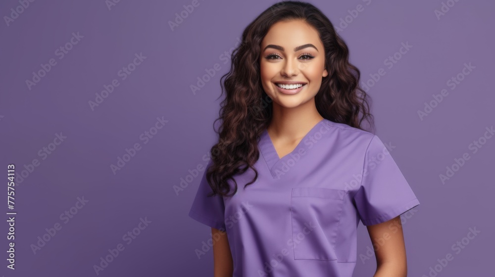 Attractive woman wearing medical scrubs, isolated on purple background. Place holder, copy space banner, Female Nurse, Medical Professional Attractive woman wearing medical scrubs, isolated on purple background. Place holder, copy space banner, Female Nurse, Medical Professional