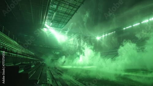 Toxic green smoke filling a stadium casting an eerie glow photo