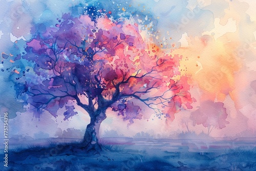 Pastel bright watercolor of a whimsical tree, serene and softly luminous, tranquil beauty
