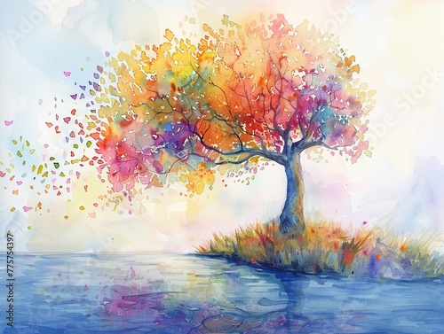 Serene whimsical tree, watercolor pastel bright colors, gentle and tranquil, dreamy ambiance