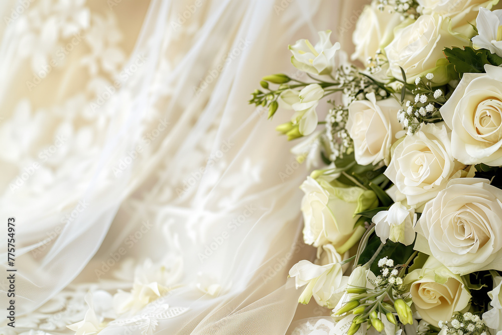 Wedding bouquet of roses. Background with space for text. Created with Generative AI technology. Wedding bouquet of roses. Background with space for text. Created with Generative AI technology.