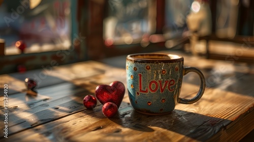 coffee mug with love printed  sign on the wooden table  tea  morning routine