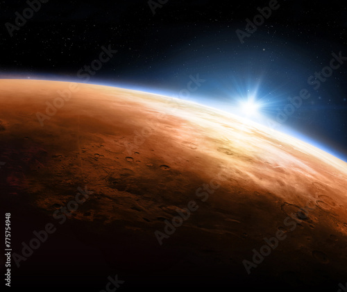 Planet Mars view from outer space. Panoramic view of the planet Mars and the sun. Space background. Elements of this image furnished by NASA.