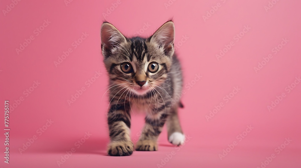 Cute female kitten walking towards and looking in the camera on a pink background