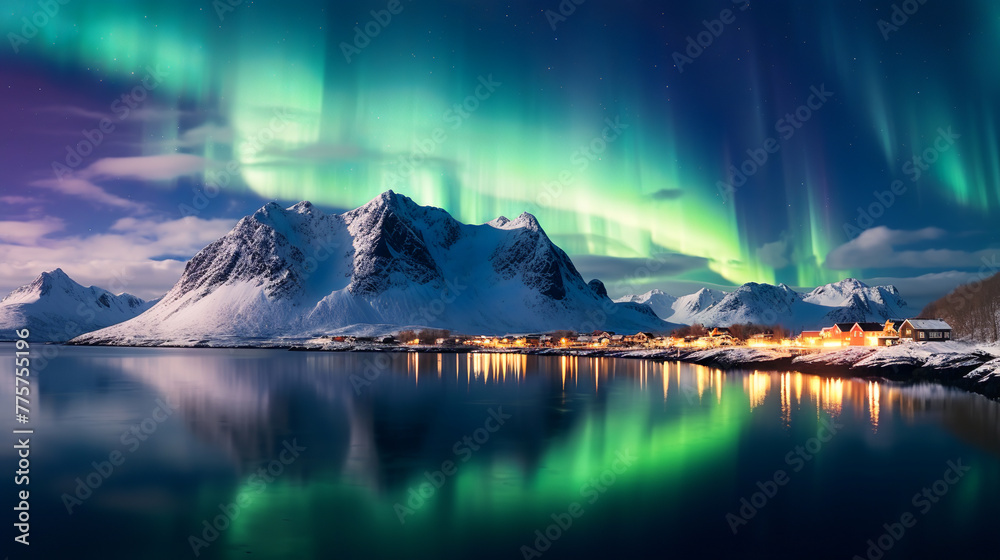 Aurora borealis over the sea, snow-capped mountains and city lights at night