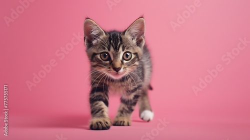 Cute female kitten walking towards and looking in the camera on a pink background © James