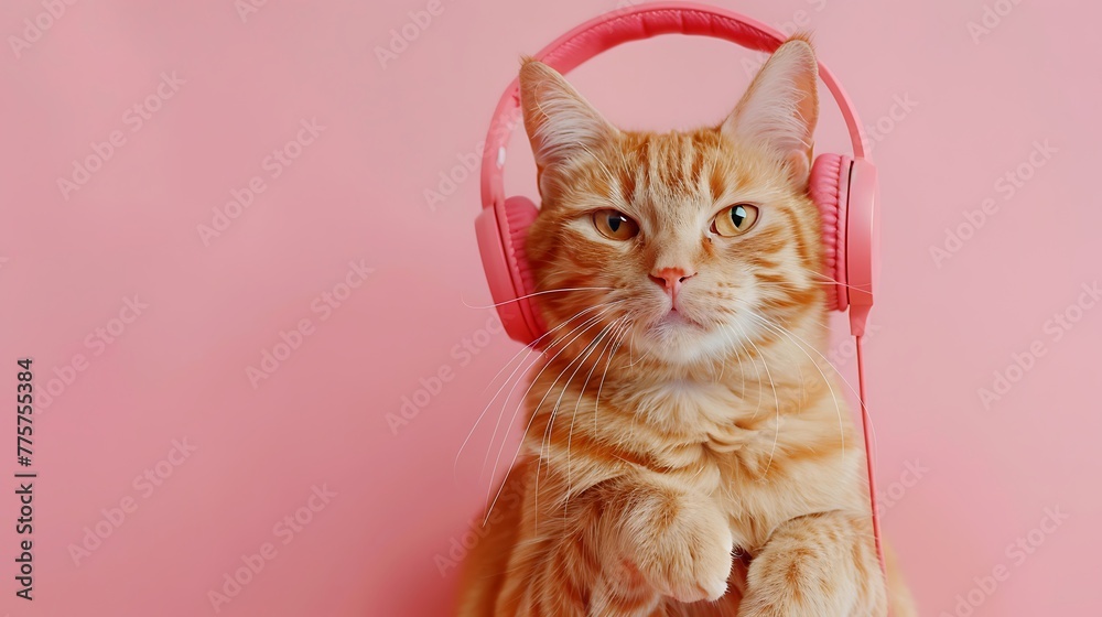 Cute ginger cat in headphones on a pink background