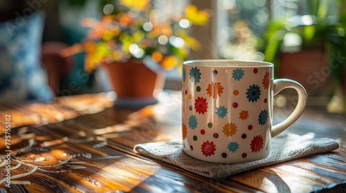 animal print coffee mug on the bench in the flower garden, tea, spring, morning routine 