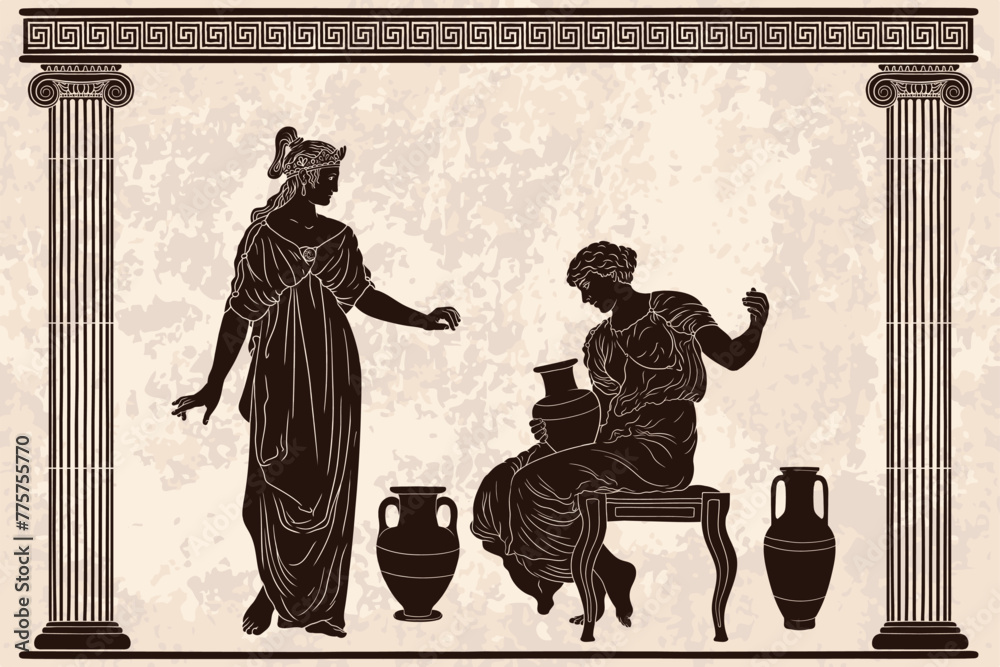 Φωτογραφία An ancient Greek woman sits on a chair and holds a jug of wine in her hands and talking with her friend in a temple with columns