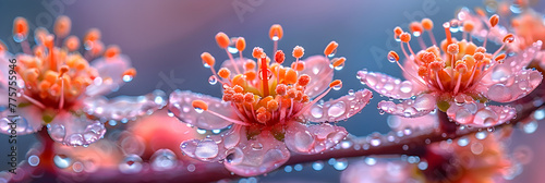 Capturing beauty of macro photography of Water, Golden Sunlight Shimmers on Colorful Garden Flower with Abstract Macro Fantasy of Dew Drops 