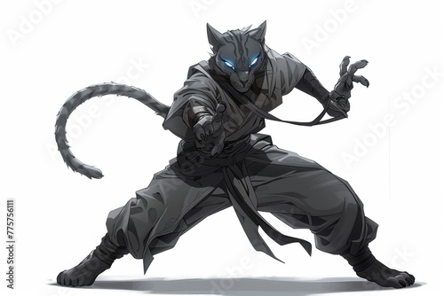 A black and grey tabaxi monk with blue eyes, standing in a fighting pose in the style of RPG character design, on a white background, in the style of fantasy game concept art, with simple details