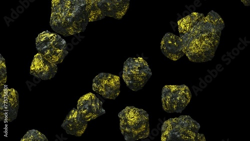 Realistic looping 3D animation of the gold bearing ore chunks falling from the top rendered in UHD with alpha matte photo
