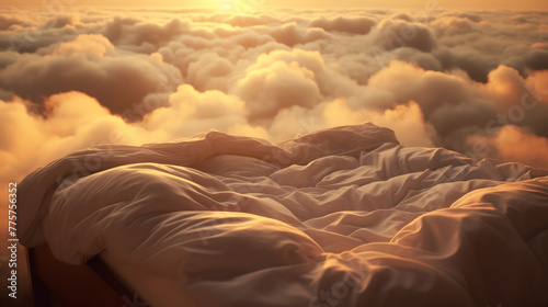Concept full relax for sleep. Serene bed wrapped in clouds basked in golden hour light, evoking peaceful rest with sunset.