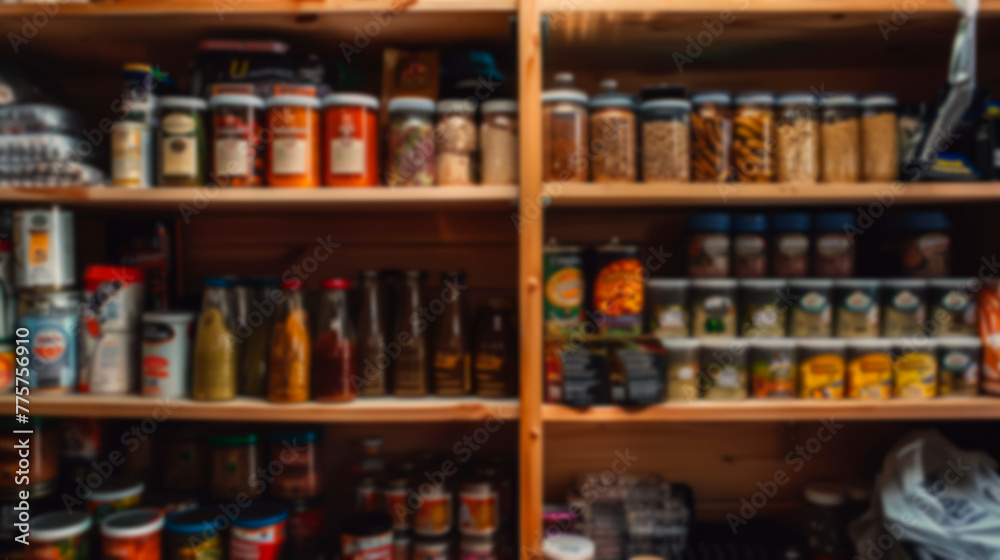 Blurred out food storage wallpaper. Concept of prepping and keeping supplies at home for crisis and emergencies. 