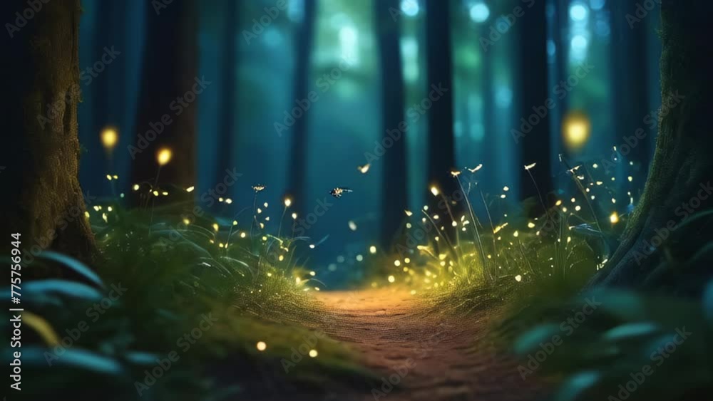 Fantasy forest fairytale with fireflies. Fairy tale woods with motion fog and flying glow fireflies. The path leading through fairytale forest