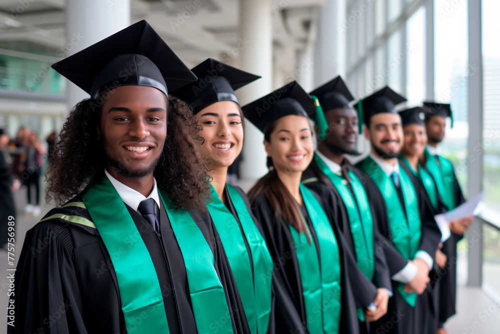 Diverse graduates smiling at commencement, academic achievement. Diverse graduates smiling at commencement, academic achievement.