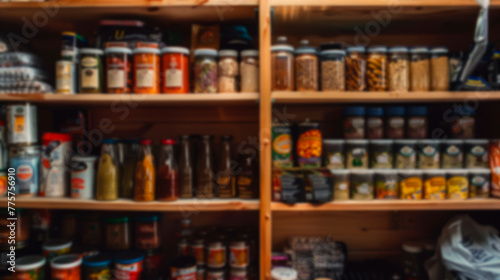 Blurred out food storage wallpaper. Concept of prepping and keeping supplies at home for crisis and emergencies.  © henjon